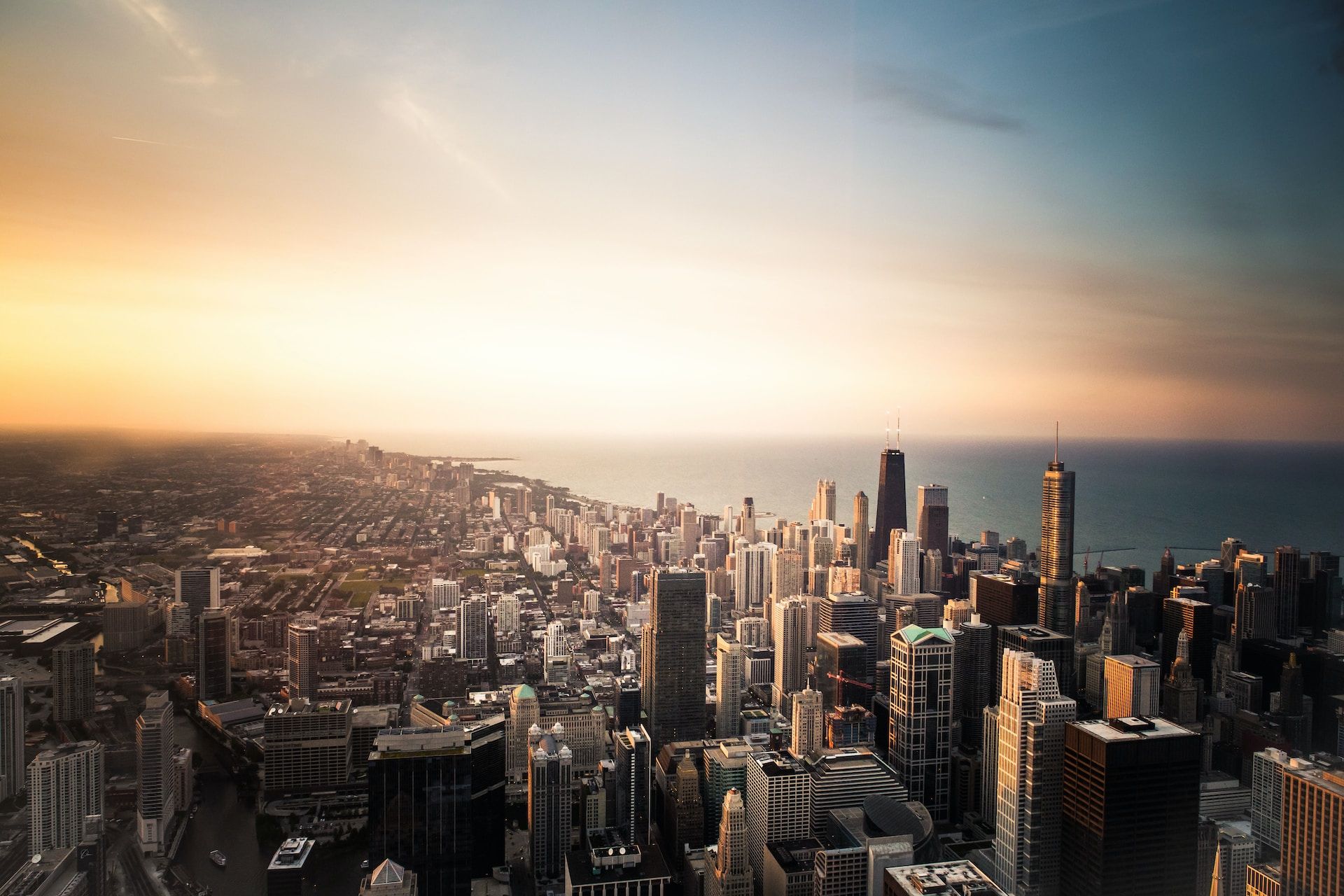 City skyline on the lake at sunrise